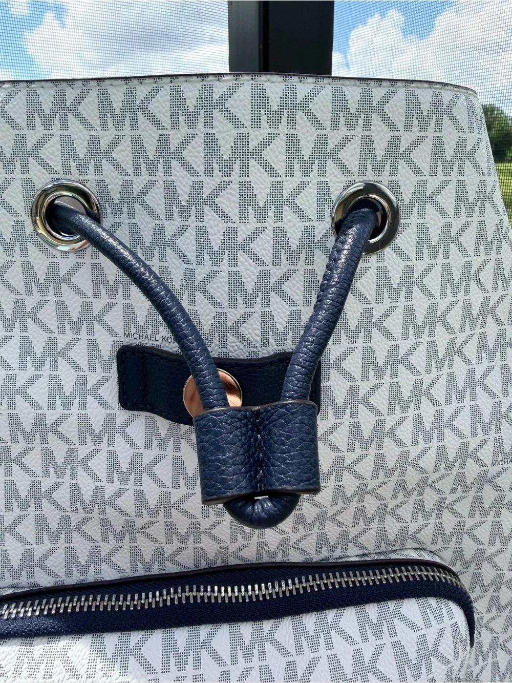 Michael Kors Abbey Cargo Backpack White Navy MK Signature Logo Multi Pocket